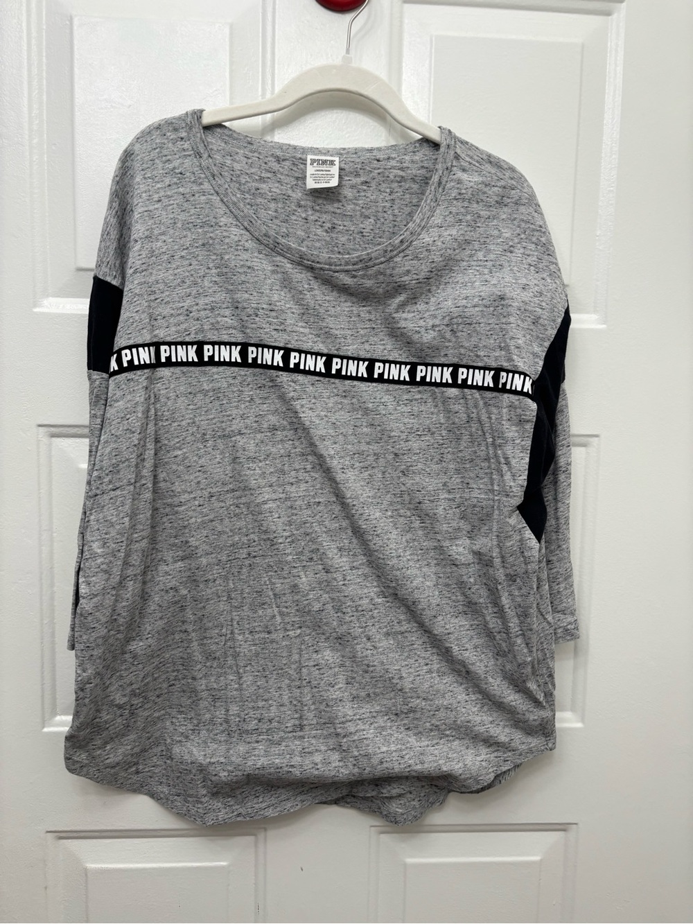PINK Victoria's Secret Gray and Black Logo-Trim Pullover